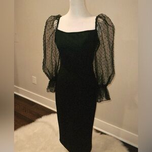 SHEIN Black Midi Dress with Sheer Polka Dot Sleeves